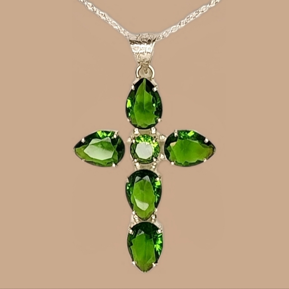 This Emerald Ethnic Spiritual Sterling Silver Plated Cross Pendant Necklace